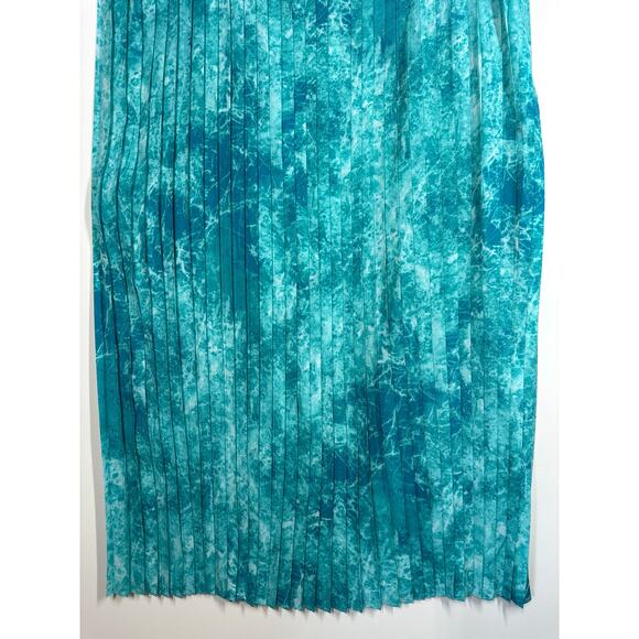Michael Kors Turquoise Water Print Pleated Maxi Long Skirt Pull On Size L Flowy - Picture 10 of 12